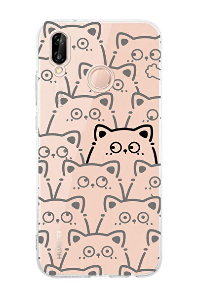moonset Huawei P20 Lite Uyumlu Sevimli Kediler Tasarımlı Baskılı Şeffaf Telef...