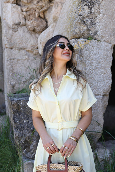 bytugcekaya Sarı Poplin Kumaş Kuşaklı Gömlek Elbise