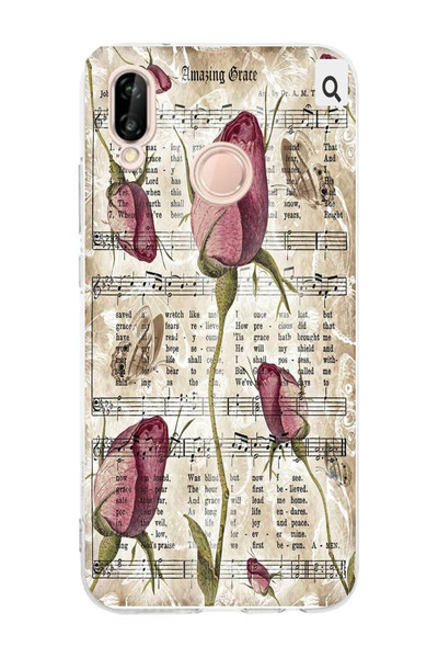 moonset Huawei P20 Lite Uyumlu Çiçek ve Notalar Tasarımlı Baskılı Şeffaf Tele...