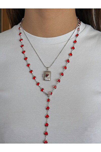 h&b design jewel Çelik Silver Kırmızı Kalpli Y Kolye