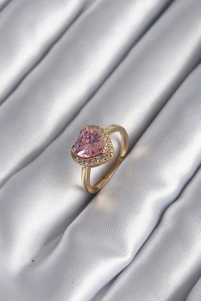 Clariss Brass Gold Color Pink Zircon Stone Heart Charm Model Women's Ring