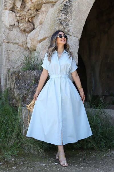 bytugcekaya Βρεφικό μπλε πουπουλένιο υφασμάτινο φόρεμα πουκάμισο με ζώνη