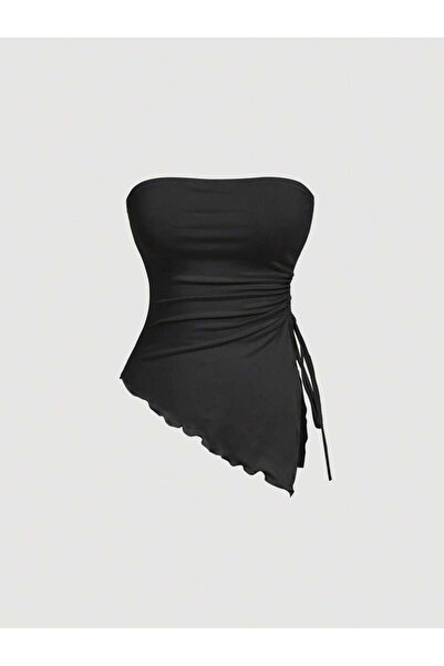 Marin Star Siyah Asimetrik Likralı Yan Büzgülü Yazlık Bluz, Siyah Straplez As...