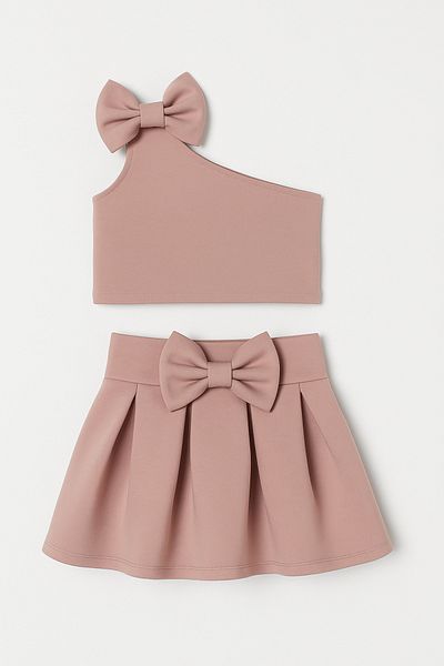 Magu Girl's Cotton Rose Bow Skirt Suit - Asymmetrical Shoulder Detail