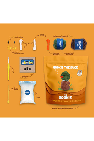 The Gookie 2'li Set, Ördek Amigurumi Örgü Kiti ve Punch Nakış seti Hobi Örgü Seti
