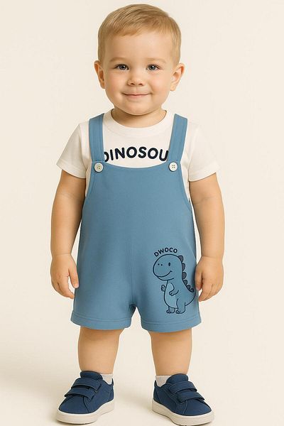 Bubito Blue Cotton 2-Piece Summer Baby Slopet Set - Dinosaur Written