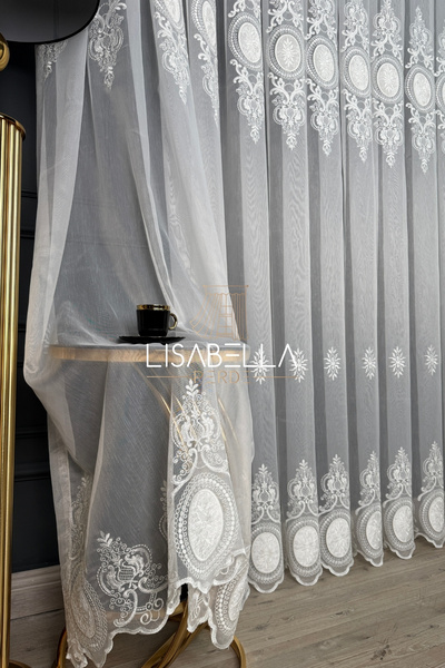 LisabellaHome Sultan Breeze Ttm Soft Drapey Velvet Cord Embroidery with Tulle Backing Heavy Tulle Curtain(No Pleats Straight Stitching)