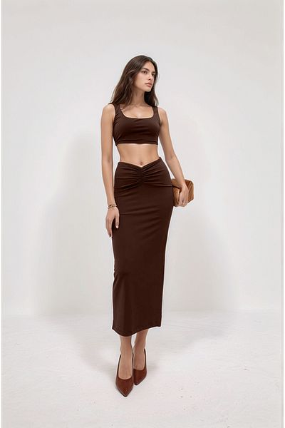 Bled Front Gather Detailed Suit – Lined Midi Skirt & Thick Strap Crop Blouse