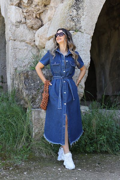 bytugcekaya Indigo Short Sleeve Belted Pocket Jean Dress