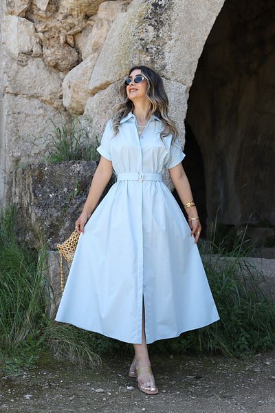 bytugcekaya Βρεφικό μπλε πουπουλένιο υφασμάτινο φόρεμα πουκάμισο με ζώνη