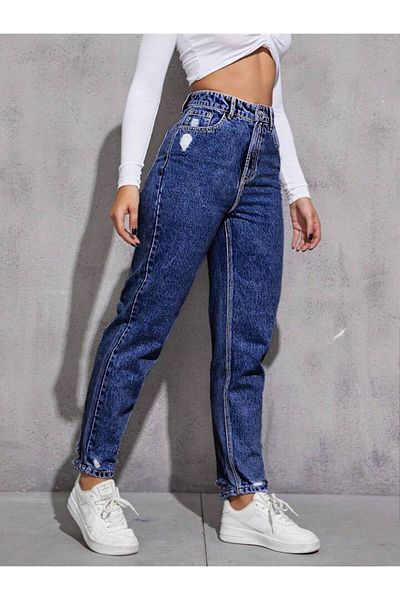 Noxter Women's Dark Blue Denim Trousers with Holes