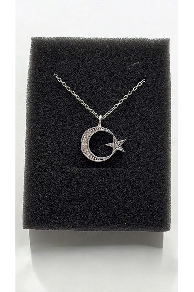 ACQUA BELLA Moon Star Silver Necklace with Stone Turkish Flag Necklace for Women & Men Valentine's Day Gift