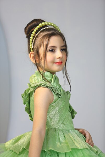 Ribbon kids Tek Omuz Volanlı Prenses Elbisesi Abiye . çanta, saç tokası,