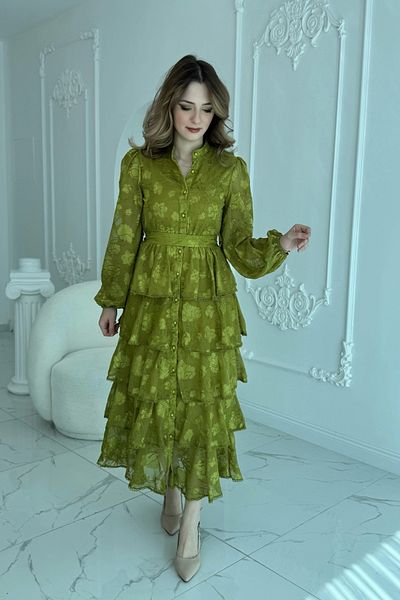 HELİS BUTİK Embroidered Layered Flounce Oil Green Dress