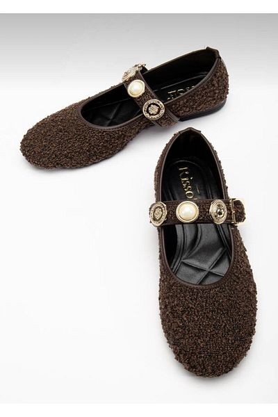 ELEVAM Women's Bitter Brown Daily Ballerina Strap Adjustable Buckle Tweed Fabric Lightweight Comfortable Shoes