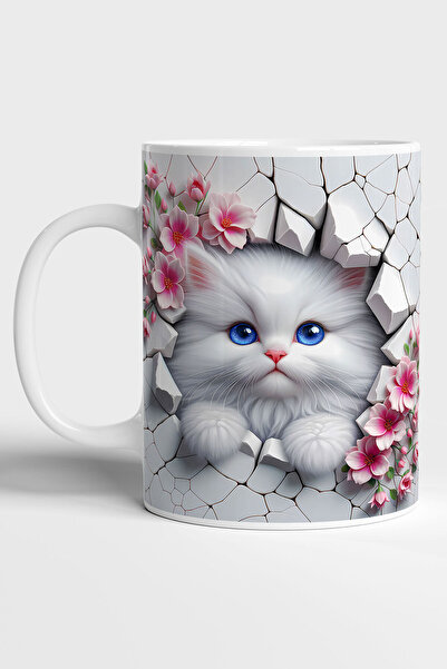 GRN TASARIM Pembe Çiçekli Beyaz Kedi Baskılı 3D Efekli Hediyelik Kupa Bardak