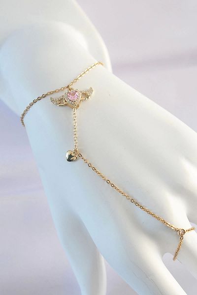 REBORN DESIGN 316L Steel Gold Color Pink Zircon Stone Winged Heart Model Şahmeran