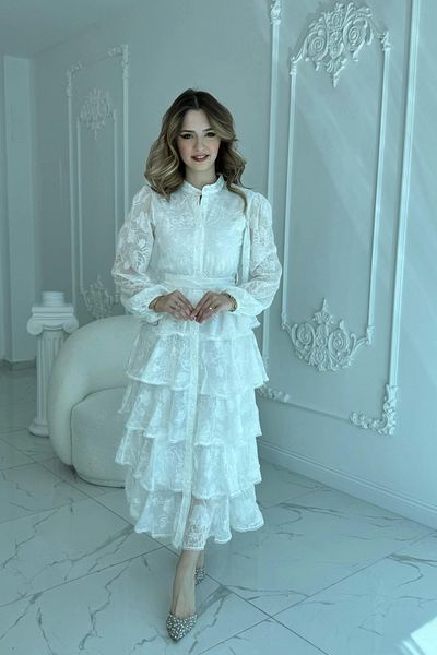 HELİS BUTİK Embroidered Layered Flounce White Dress