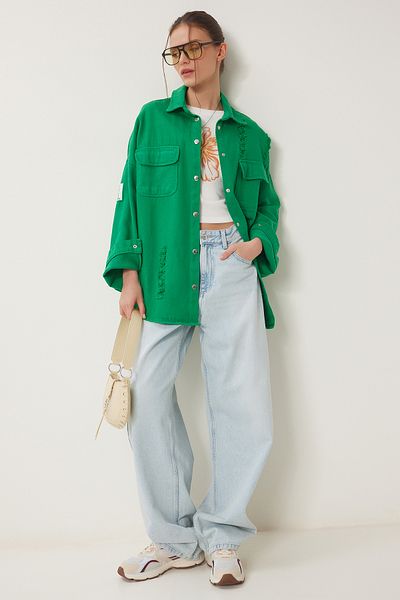 Happiness İstanbul Dunkelgrüne Damen-Hemdjacke aus Gabardine mit Rissen und Details SA00035