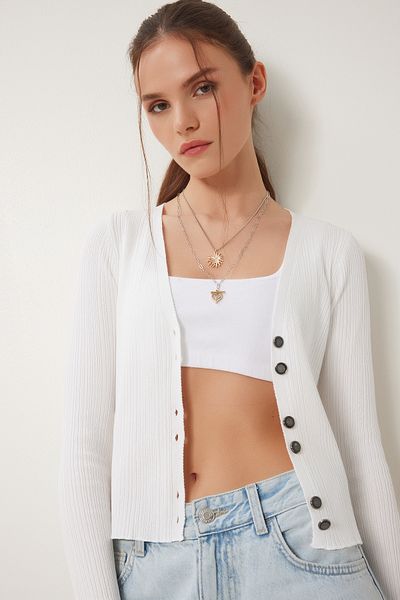 Happiness İstanbul Weiße, stilvolle Sommer-Strickjacke mit Knöpfen für Damen ZA00075