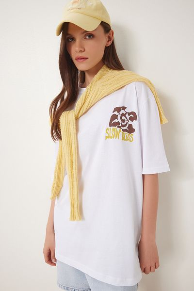 Happiness İstanbul Women's White Printed Cotton Knitted T-Shirt Zv00300