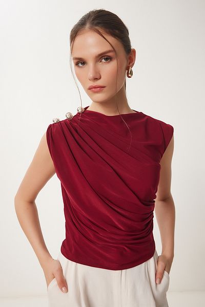 Happiness İstanbul Burgunderrote, drapierte, detaillierte, geknöpfte Sandy-Bluse für Damen RX00056