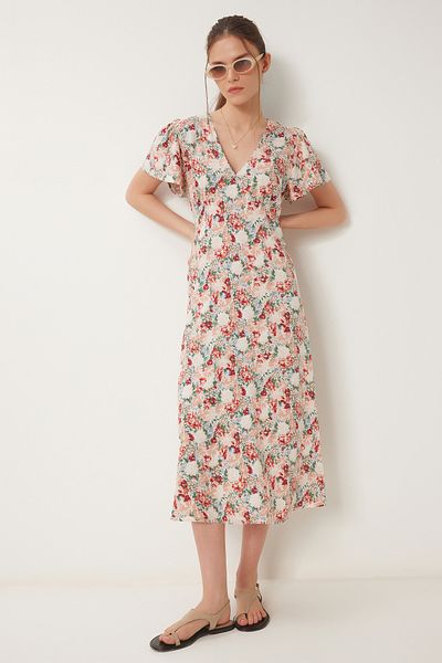 Happiness İstanbul Women's Brick Cream Floral Patterned Summer Viscose Dress Ub00382