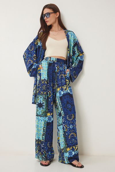 Happiness İstanbul Damskie granatowo-żółte wzorzyste spodnie kimono z wiskozy JE00002