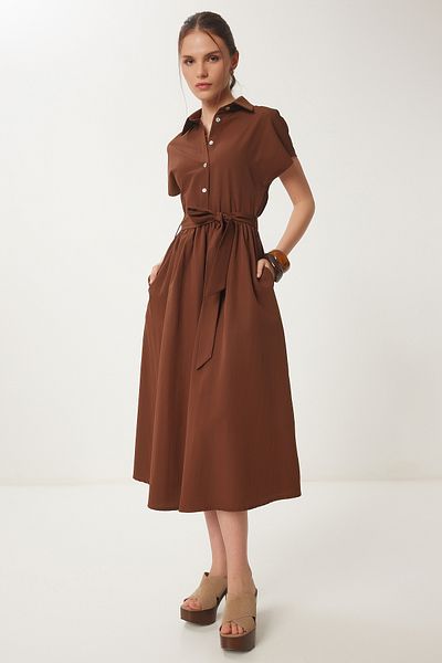 Happiness İstanbul Braunes Midi-Hemdkleid mit Gürtel für Damen UB00362