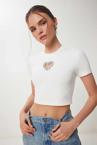 Happiness İstanbul Damen Bone Stylish Stone Heart Detaillierte Crop-Strickbluse KH00101