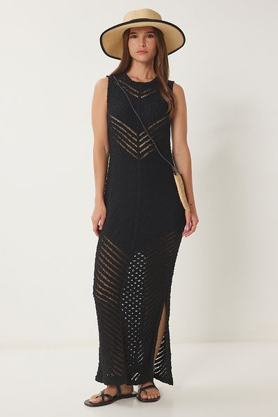 Happiness İstanbul Rochie neagră de tricotaj de vară ajurata pentru femei Kİ00114