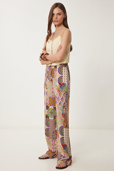 Happiness İstanbul Women's Cream Pink Patterned Summer Wide Leg Pants Cr00489