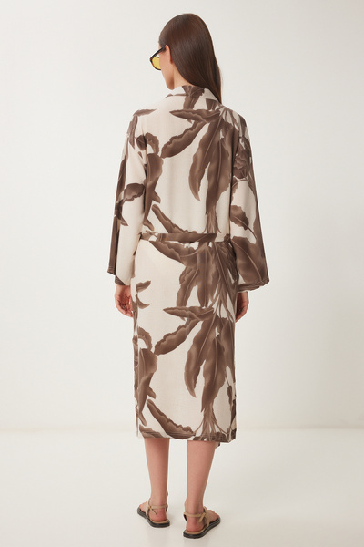 Happiness İstanbul Dámské hnědé krémové vzorované tkané kimono s páskem JE00001