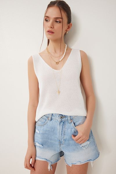 Happiness İstanbul Damen-Sommerstrickbluse mit V-Ausschnitt und Knochenmuster Kİ00115