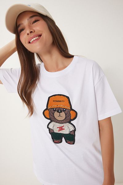 Happiness İstanbul Women's White Bead Detailed Teddy Bear Embroidered Knitted T-Shirt We00002