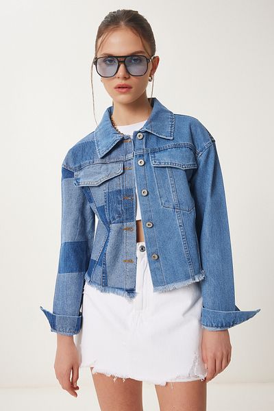 Happiness İstanbul Jachetă de damă din denim de culoare albastră contrastant SA00034