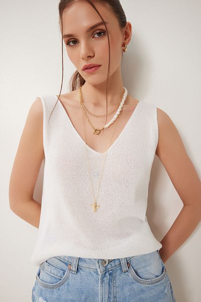Happiness İstanbul Damen-Sommerstrickbluse mit V-Ausschnitt und Knochenmuster Kİ00115