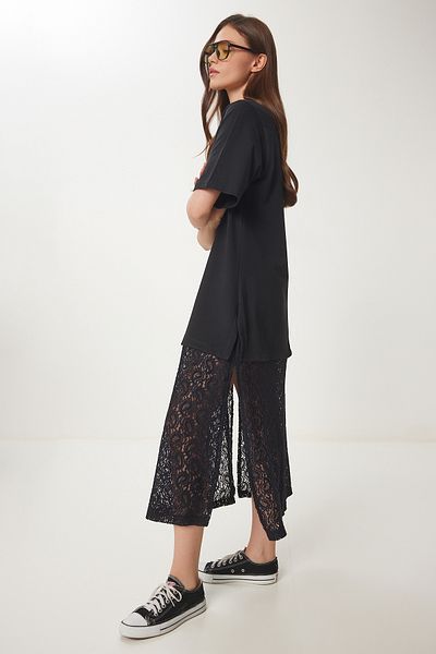 Happiness İstanbul Women's Black Stretchy Knitted Top Lace Skirt Dress Cr00486