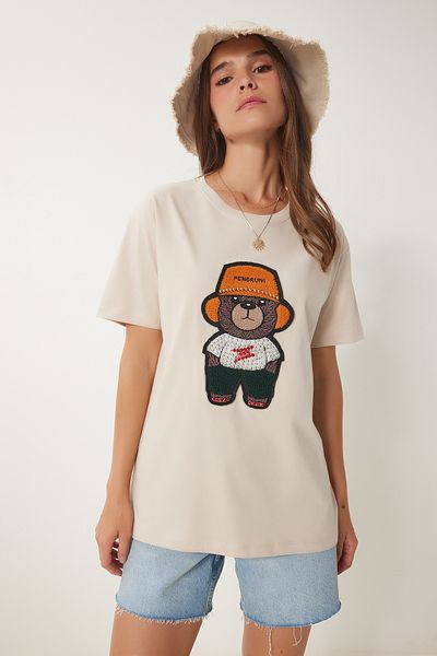 Happiness İstanbul Cremefarbenes, mit Perlen verziertes, gestricktes T-Shirt mit Teddybär-Stickerei für Damen WE00002