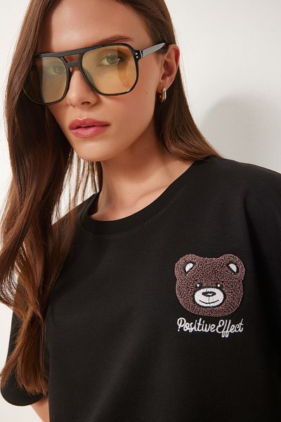 Happiness İstanbul Women's Black Teddy Bear Embroidered Crop Knitted T-Shirt Zv00298