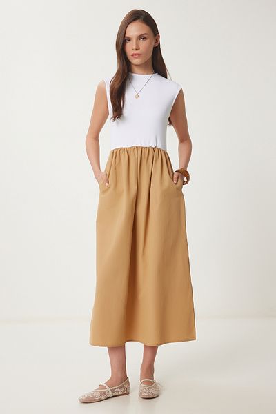 Happiness İstanbul Damen Biscuit Weißes Strickoberteil Sommerkleid aus Popeline in A-Linie UB00289