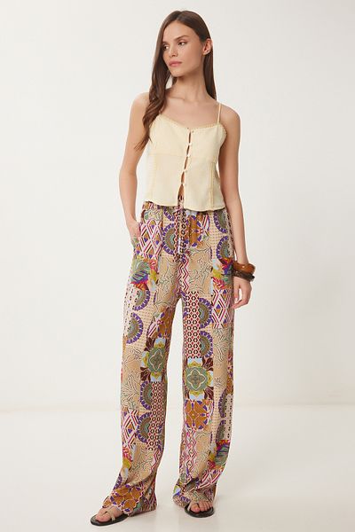 Happiness İstanbul Women's Cream Pink Patterned Summer Wide Leg Pants Cr00489