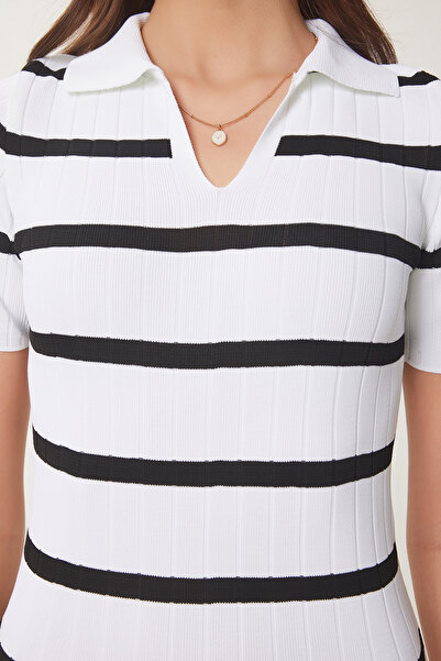 Happiness İstanbul Dámské bílé položebrované šaty Saran s límečkem OW00029