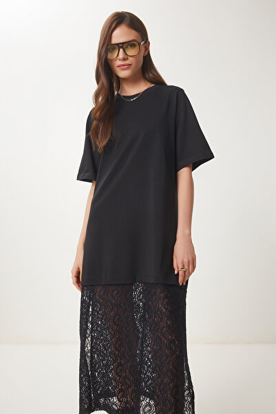 Happiness İstanbul Γυναικείο Μαύρο Ελαστικό Πλεκτό Φόρεμα με Δαντελένια Φούστα CR00486