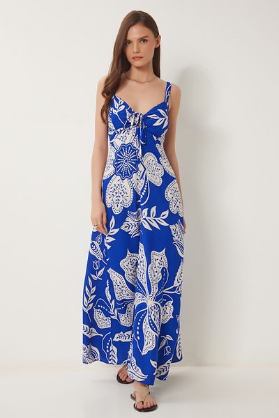 Happiness İstanbul Women's Dark Blue Bone Patterned Summer Midi Viscose Dress Rg00060