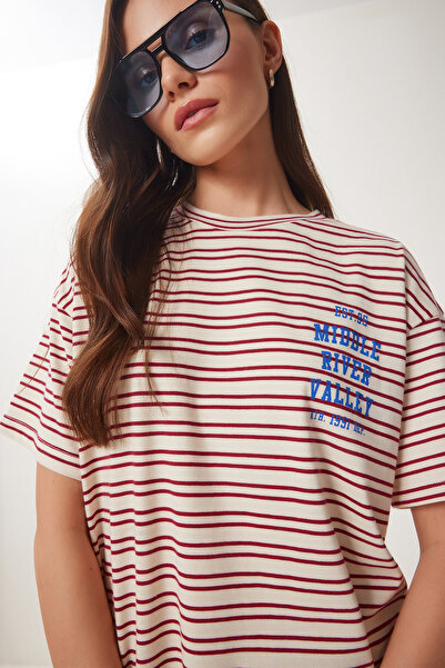 Happiness İstanbul Γυναικείο Πλεκτό Μπλουζάκι Κρεμ Claret Κόκκινο ριγέ εμπριμέ CR00487