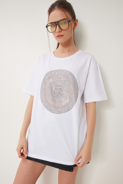 Happiness İstanbul Γυναικείο Πλεκτό Μπλουζάκι Λευκό Κομψό Πέτρινο BW00005