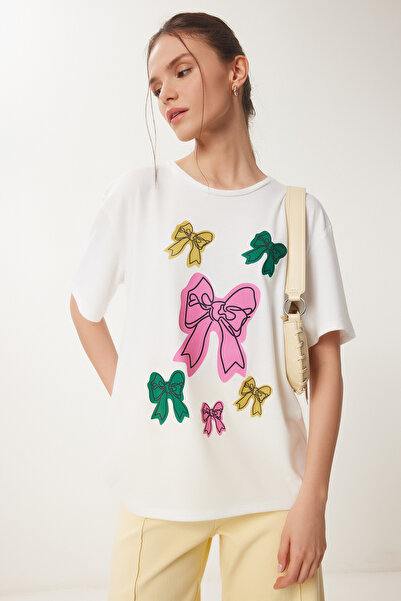 Happiness İstanbul Weißes Damen-T-Shirt mit Schleife bedruckt VN00024