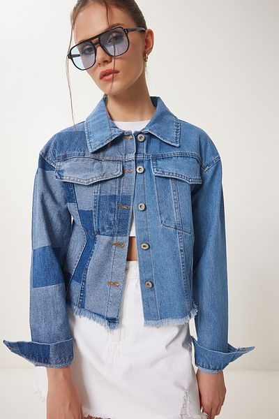 Happiness İstanbul Jachetă de damă din denim de culoare albastră contrastant SA00034