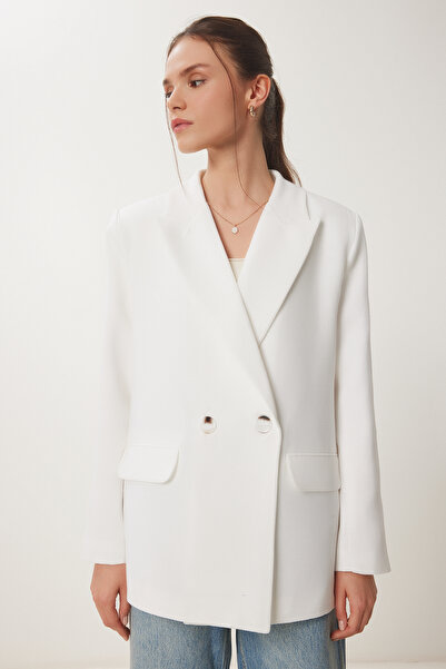 Happiness İstanbul Women's Bone Padded Linen Jacket Hg00007